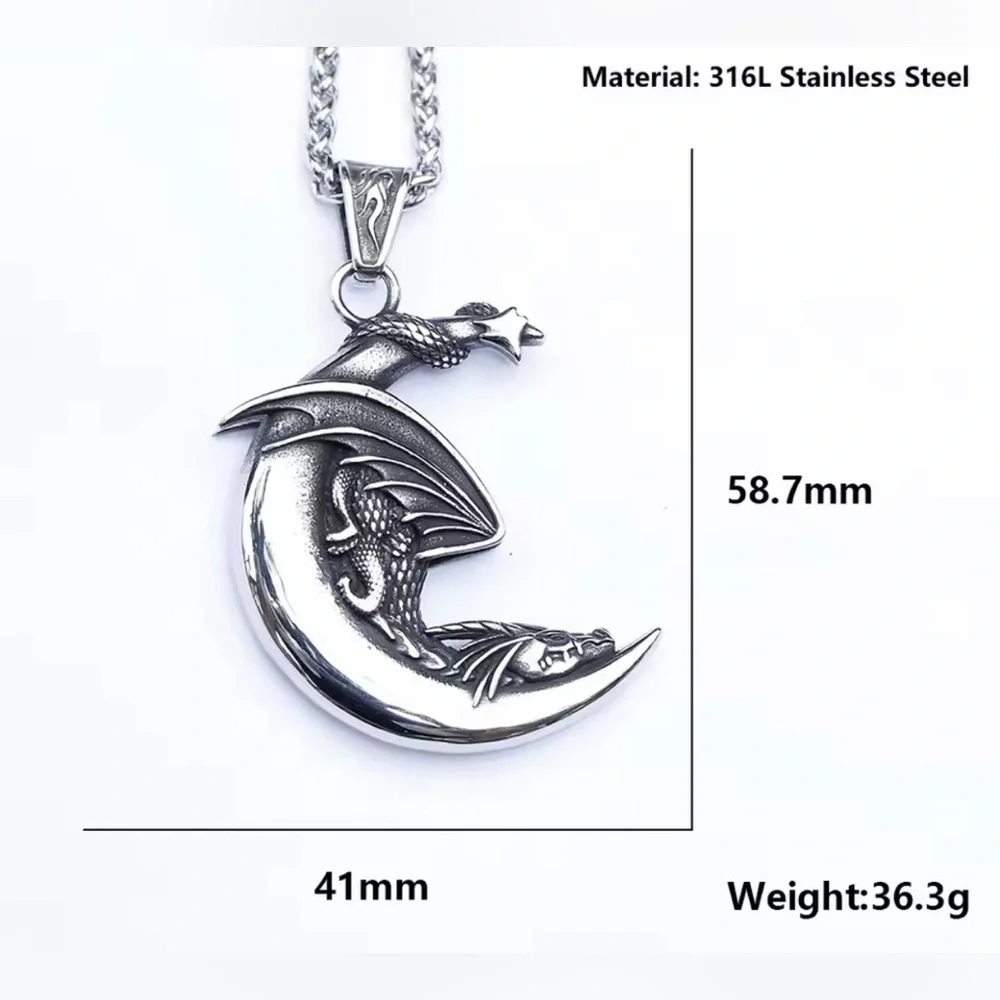 925 Sterling Silver Dragon Sleeping On Moon NO FADE Necklace Viking Biker Goth